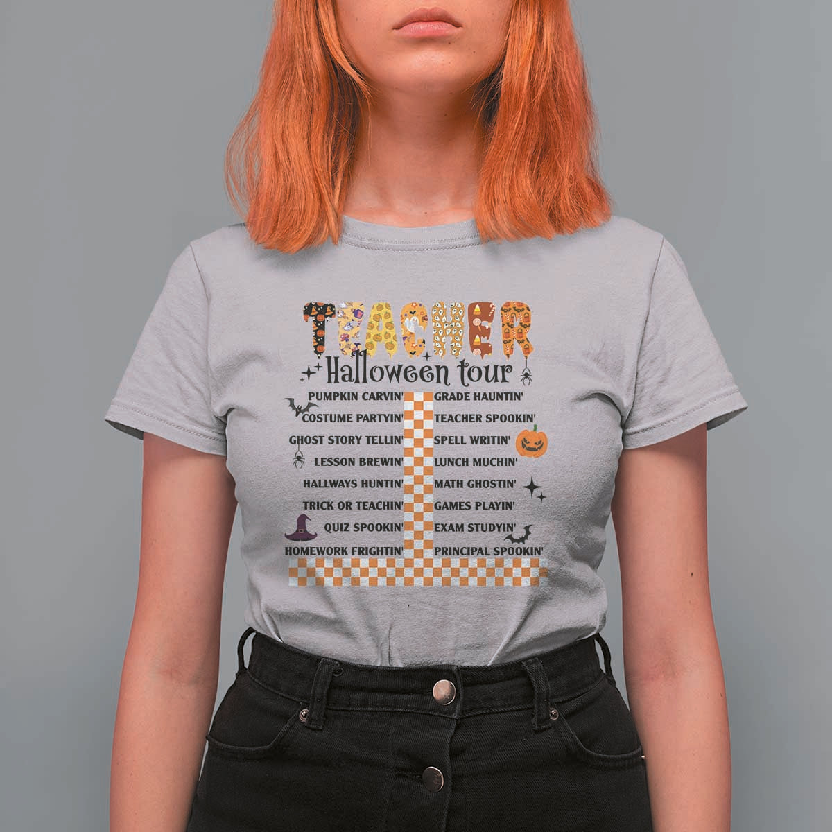 Funny Teacher Halloween Tour T Shirt For Women Spooky Teacher Activities Pumpkin Witch Hat Bat - Wonder Print Shop