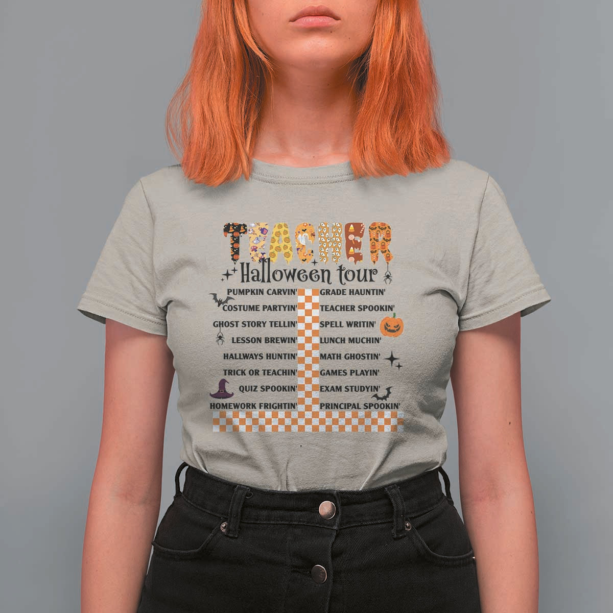Funny Teacher Halloween Tour T Shirt For Women Spooky Teacher Activities Pumpkin Witch Hat Bat - Wonder Print Shop