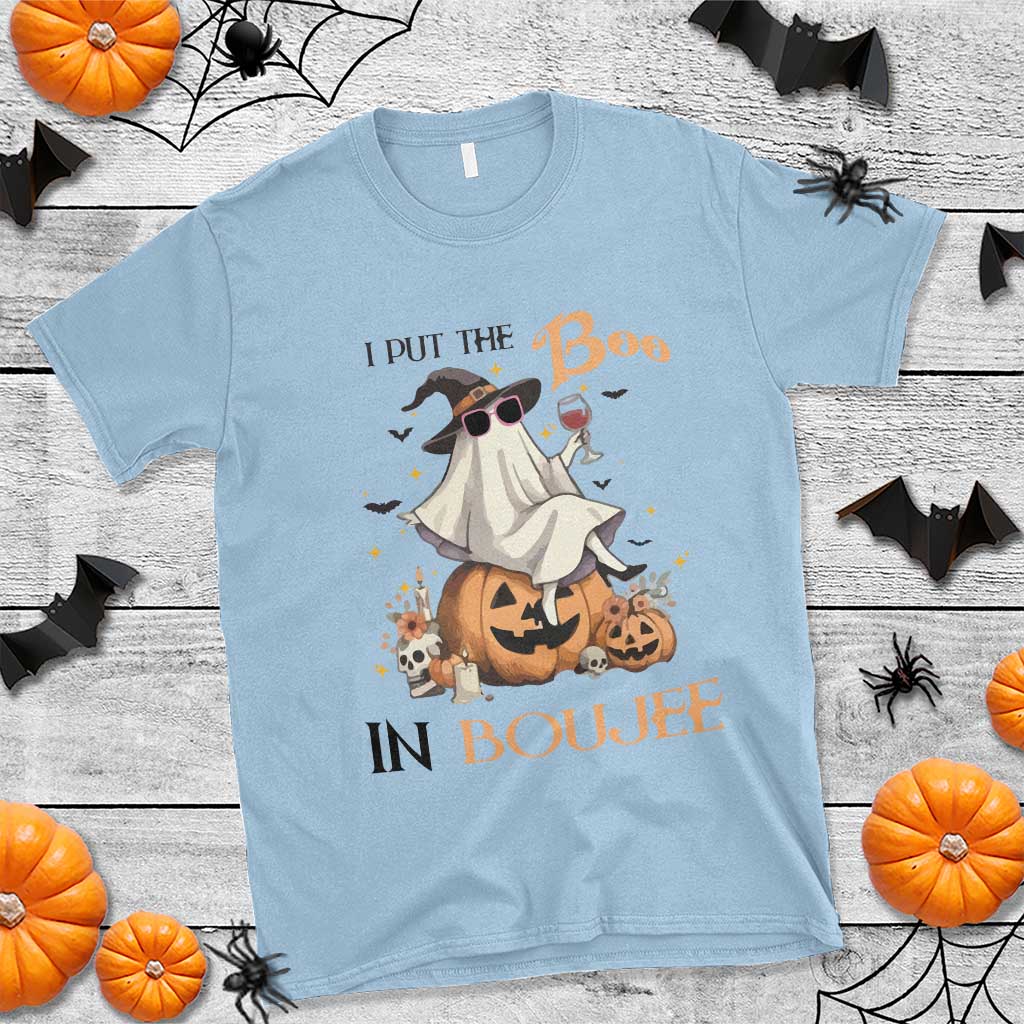 I Put The Boo In Boujee T Shirt Halloween Cute Lady Ghost Is Drinking Wine Pumpkin - Wonder Print Shop