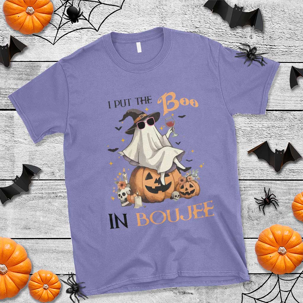 I Put The Boo In Boujee T Shirt Halloween Cute Lady Ghost Is Drinking Wine Pumpkin - Wonder Print Shop
