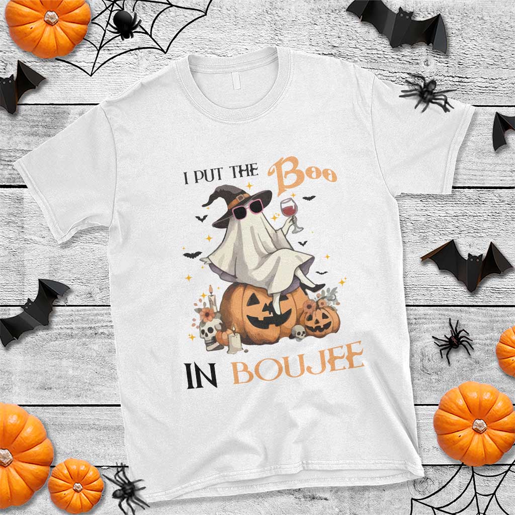 I Put The Boo In Boujee T Shirt Halloween Cute Lady Ghost Is Drinking Wine Pumpkin - Wonder Print Shop