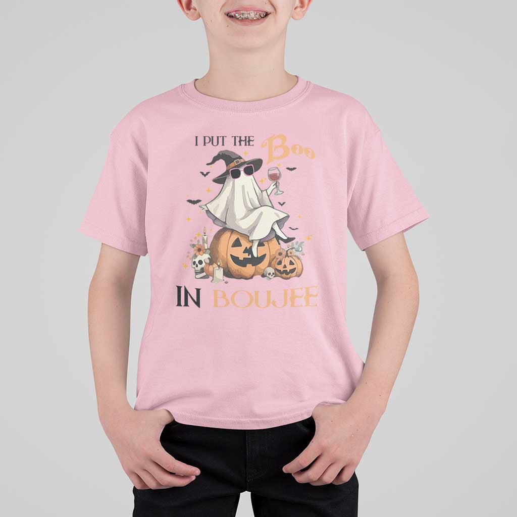 I Put The Boo In Boujee T Shirt For Kid Halloween Cute Lady Ghost Is Drinking Wine Pumpkin - Wonder Print Shop