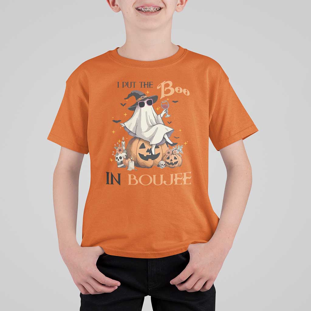 I Put The Boo In Boujee T Shirt For Kid Halloween Cute Lady Ghost Is Drinking Wine Pumpkin - Wonder Print Shop
