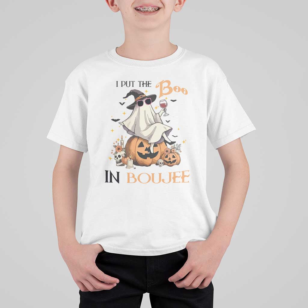 I Put The Boo In Boujee T Shirt For Kid Halloween Cute Lady Ghost Is Drinking Wine Pumpkin - Wonder Print Shop
