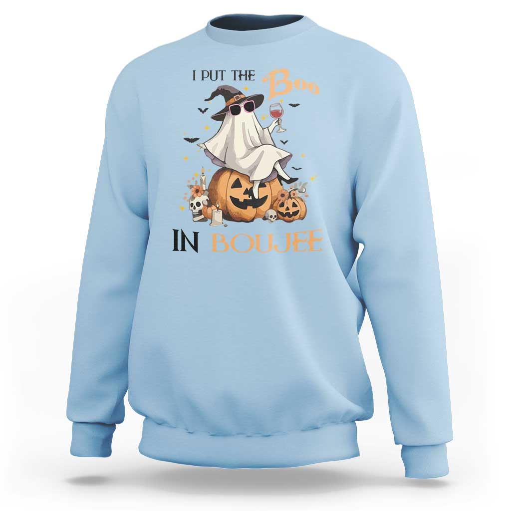 I Put The Boo In Boujee Sweatshirt Halloween Cute Lady Ghost Is Drinking Wine Pumpkin - Wonder Print Shop