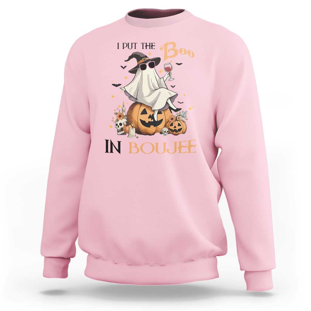 I Put The Boo In Boujee Sweatshirt Halloween Cute Lady Ghost Is Drinking Wine Pumpkin - Wonder Print Shop