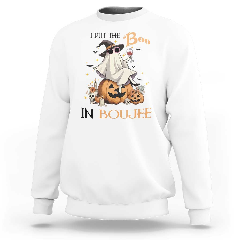 I Put The Boo In Boujee Sweatshirt Halloween Cute Lady Ghost Is Drinking Wine Pumpkin - Wonder Print Shop