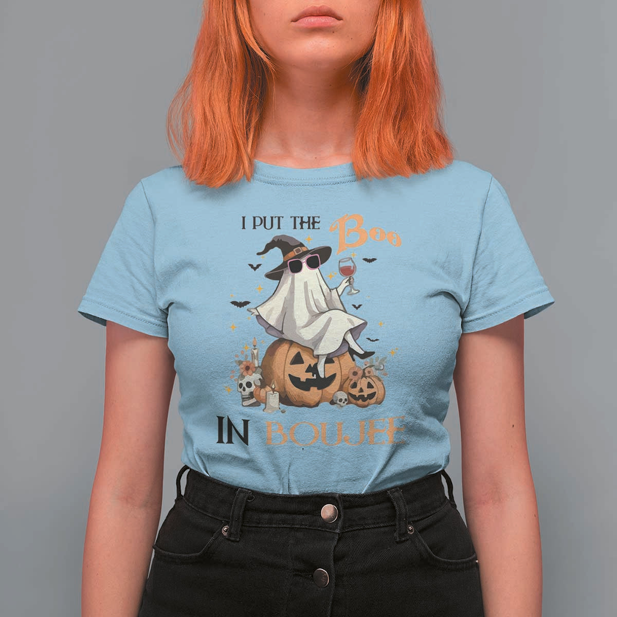 I Put The Boo In Boujee T Shirt For Women Halloween Cute Lady Ghost Is Drinking Wine Pumpkin - Wonder Print Shop
