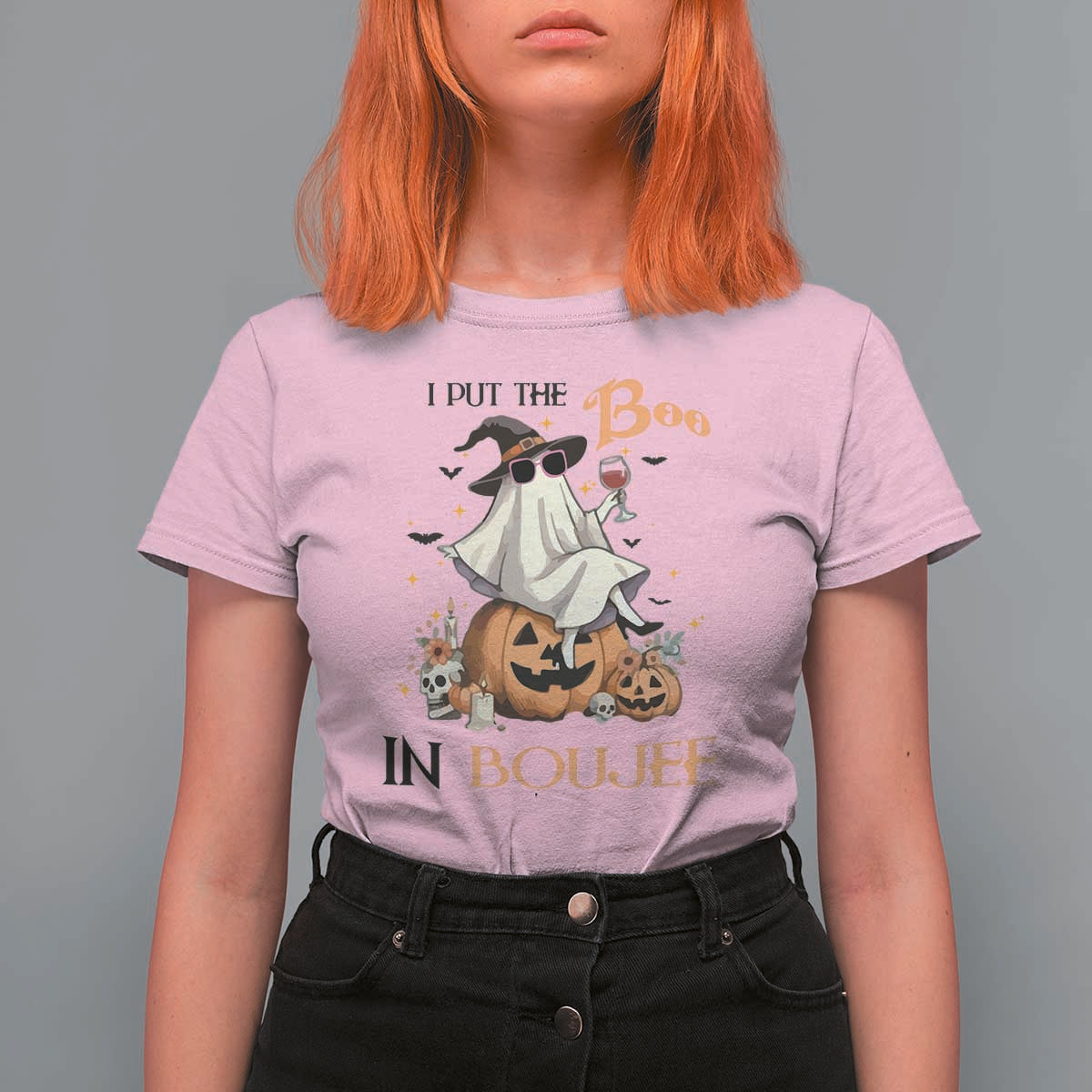 I Put The Boo In Boujee T Shirt For Women Halloween Cute Lady Ghost Is Drinking Wine Pumpkin - Wonder Print Shop