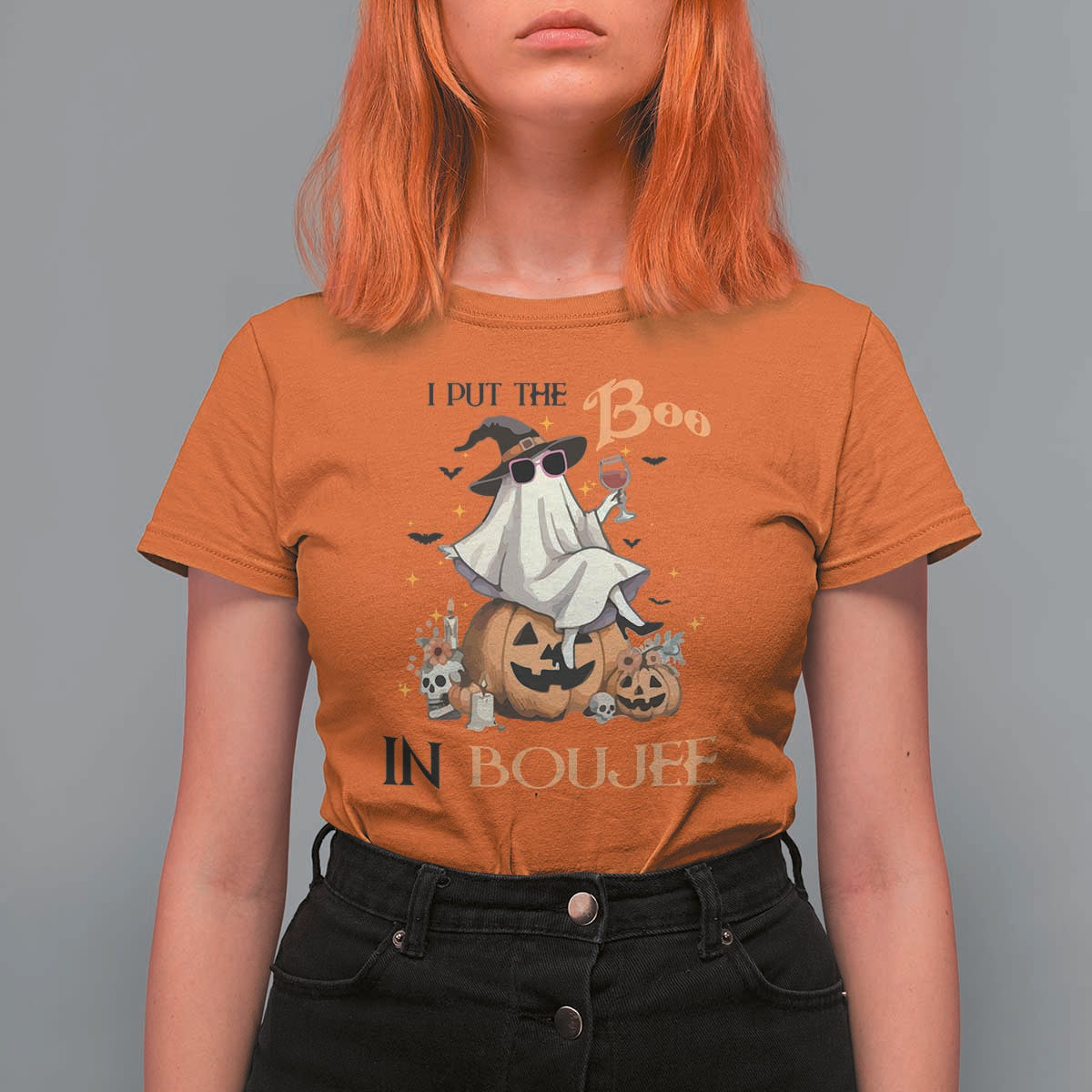 I Put The Boo In Boujee T Shirt For Women Halloween Cute Lady Ghost Is Drinking Wine Pumpkin - Wonder Print Shop