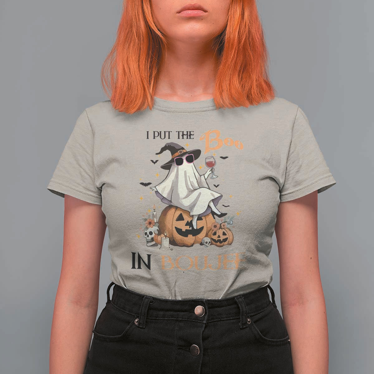 I Put The Boo In Boujee T Shirt For Women Halloween Cute Lady Ghost Is Drinking Wine Pumpkin - Wonder Print Shop