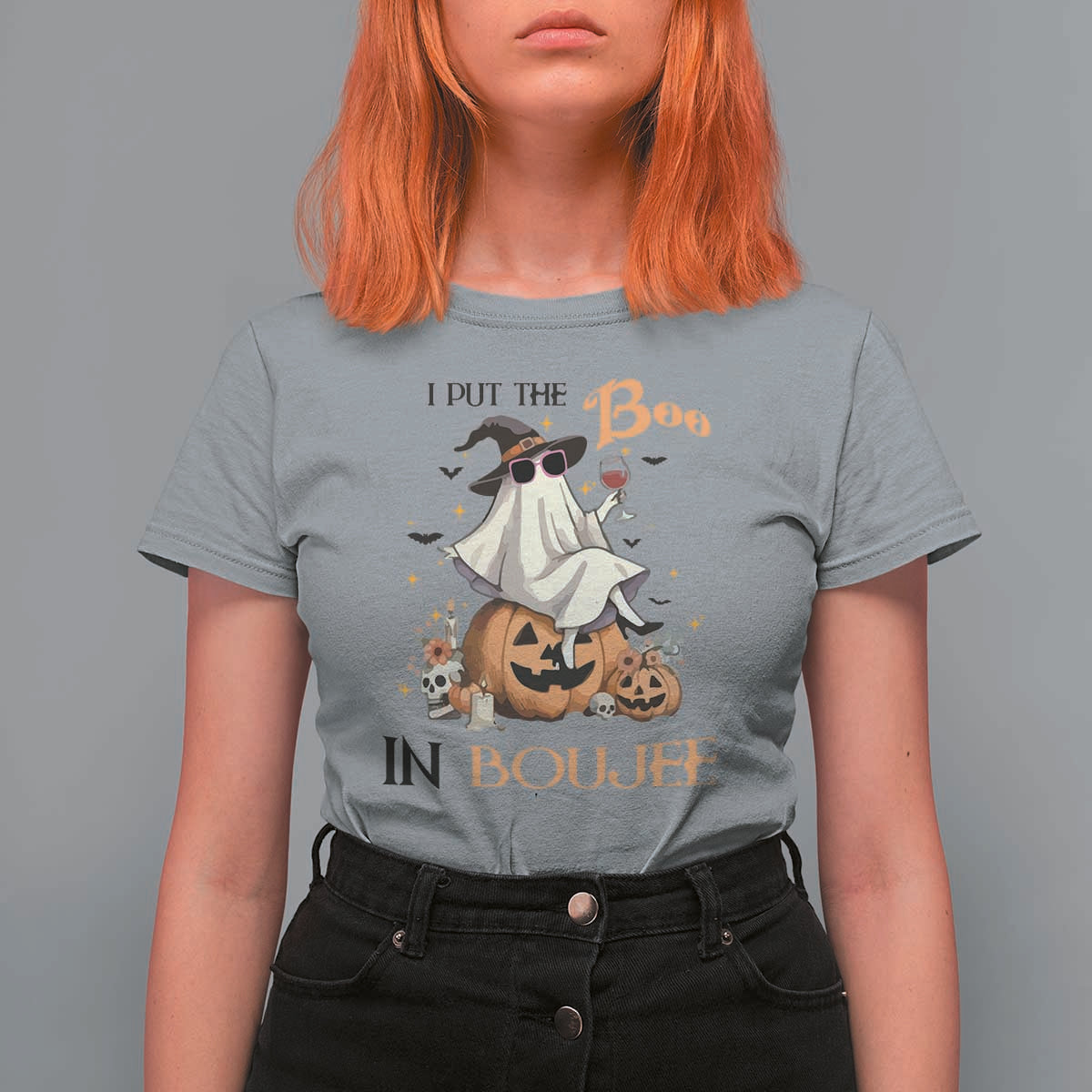 I Put The Boo In Boujee T Shirt For Women Halloween Cute Lady Ghost Is Drinking Wine Pumpkin - Wonder Print Shop