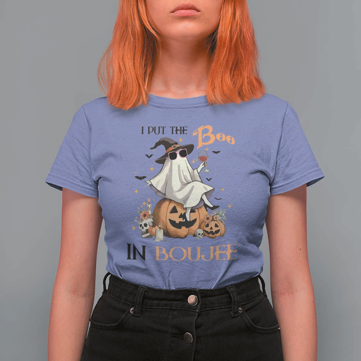 I Put The Boo In Boujee T Shirt For Women Halloween Cute Lady Ghost Is Drinking Wine Pumpkin - Wonder Print Shop