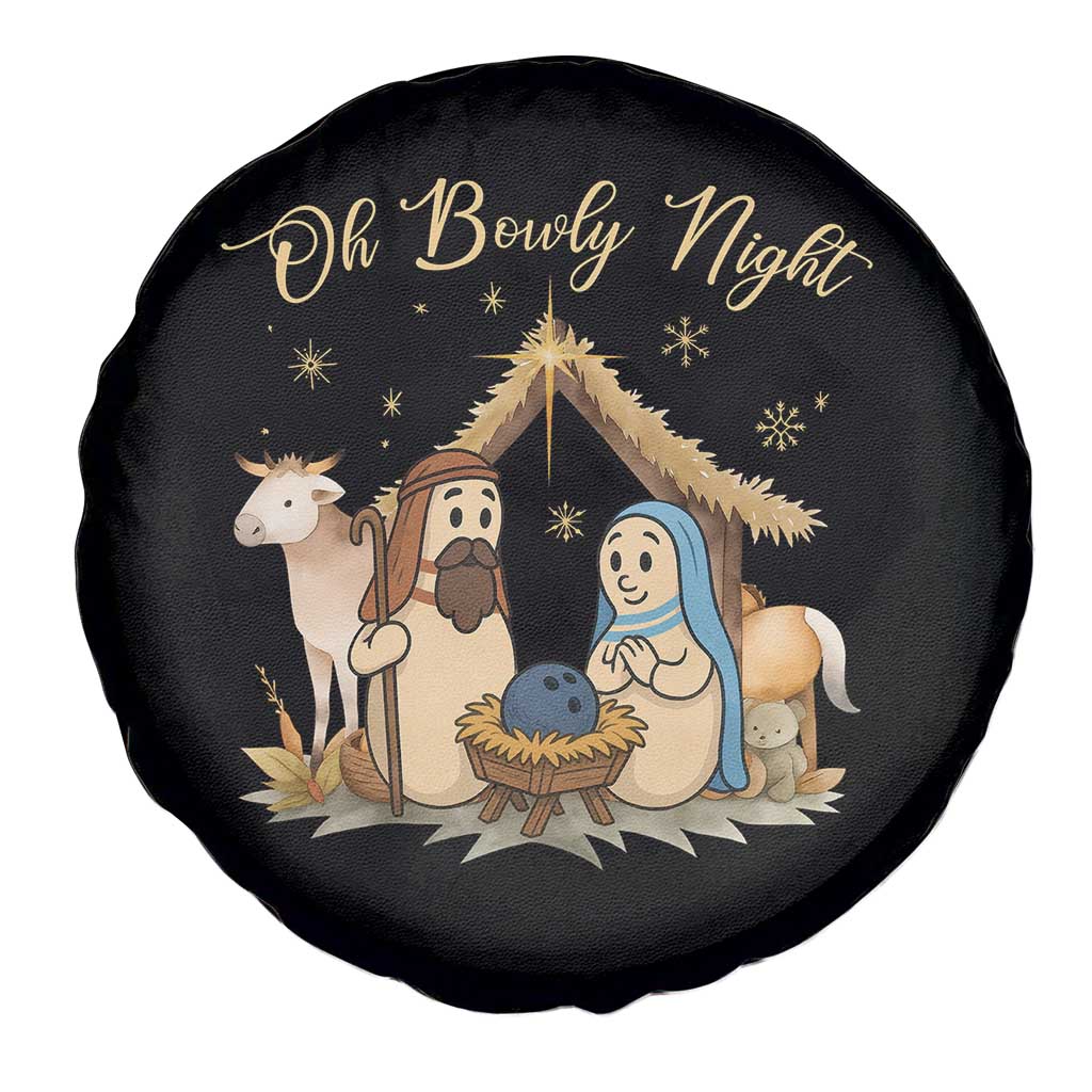 Funny Christmas Bowling Spare Tire Cover Oh Bowly Night Nativity Scene Bowling Pins - Wonder Print Shop