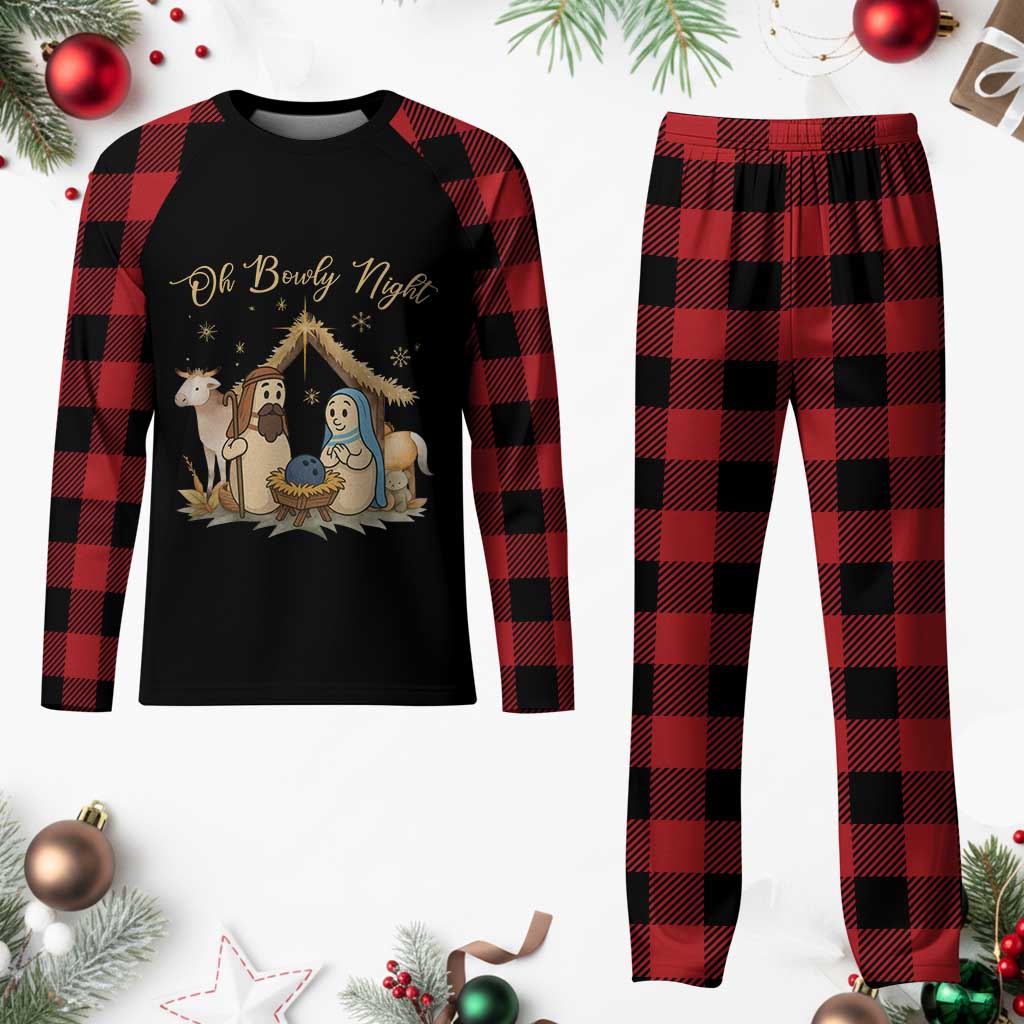 Funny Christmas Bowling Plaid Pajama Set Oh Bowly Night Nativity Scene Bowling Pins - Wonder Print Shop