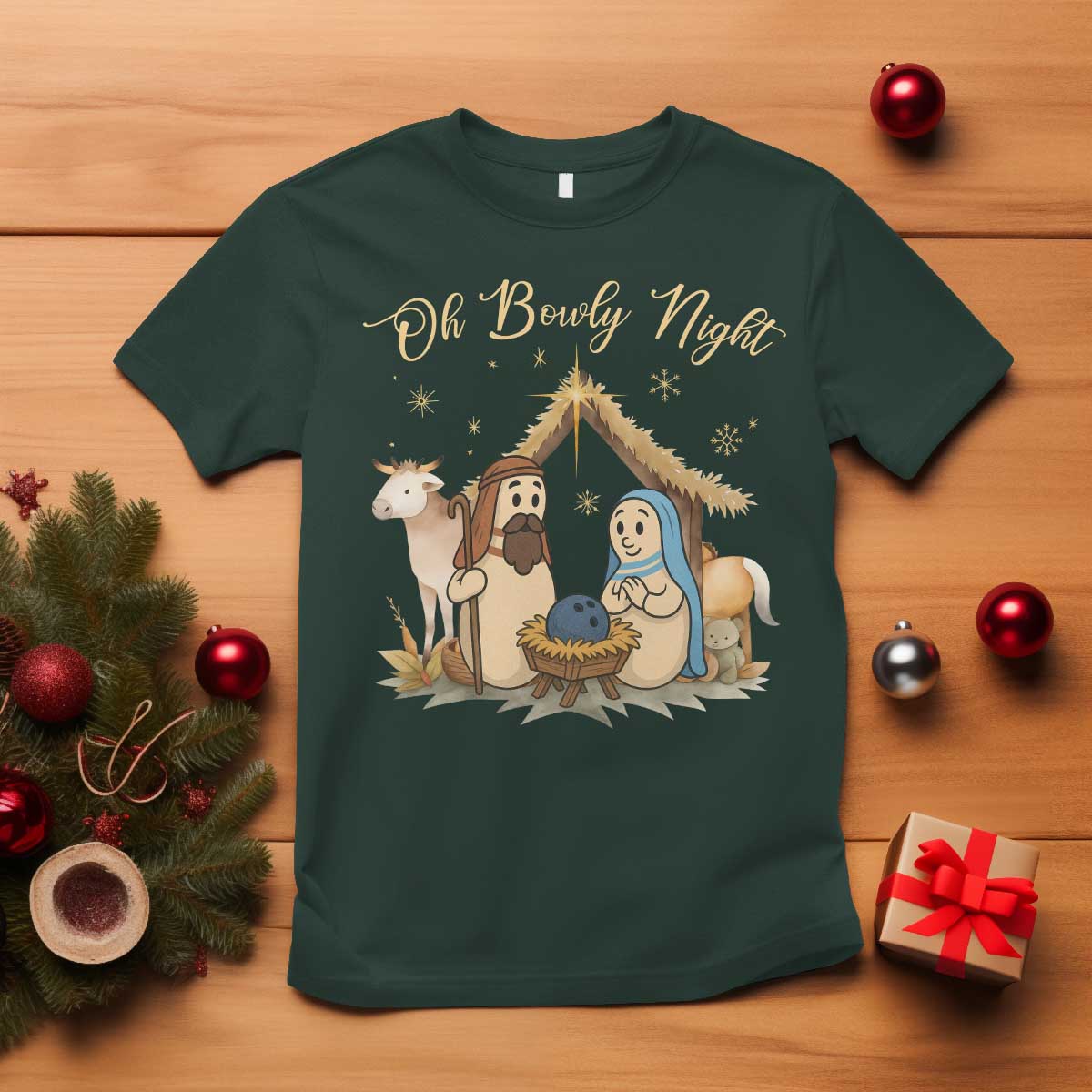 Funny Christmas Bowling T Shirt Oh Bowly Night Nativity Scene Bowling Pins - Wonder Print Shop