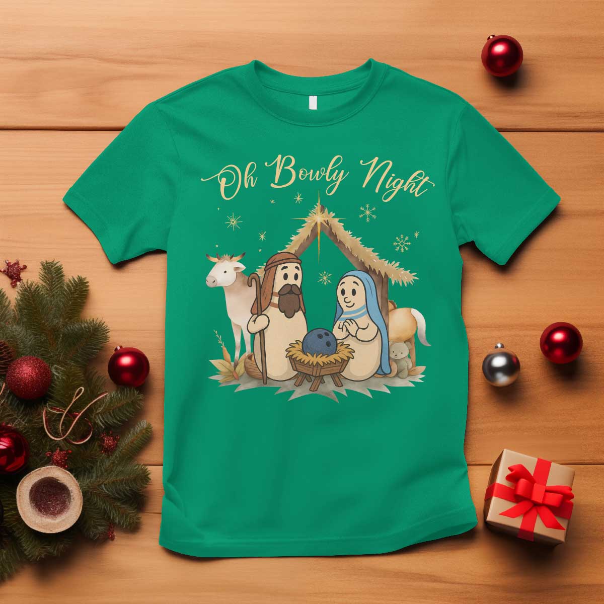 Funny Christmas Bowling T Shirt Oh Bowly Night Nativity Scene Bowling Pins - Wonder Print Shop
