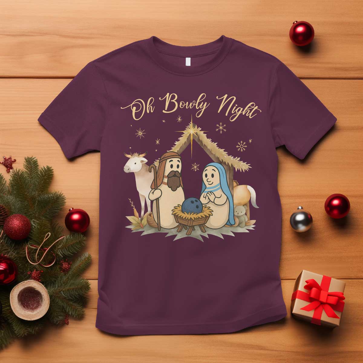 Funny Christmas Bowling T Shirt Oh Bowly Night Nativity Scene Bowling Pins - Wonder Print Shop