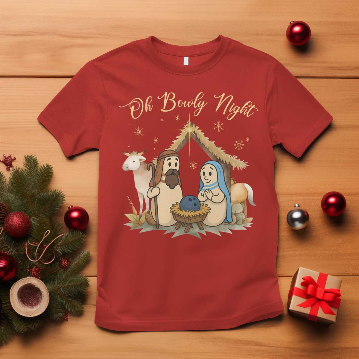 Funny Christmas Bowling T Shirt Oh Bowly Night Nativity Scene Bowling Pins - Wonder Print Shop