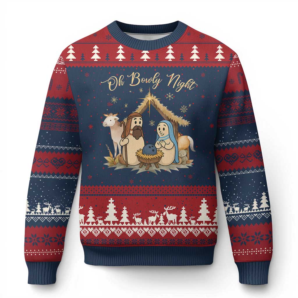 Funny Xmas Bowling Ugly Christmas Sweater Oh Bowly Night Nativity Scene Bowling Pins - Wonder Print Shop