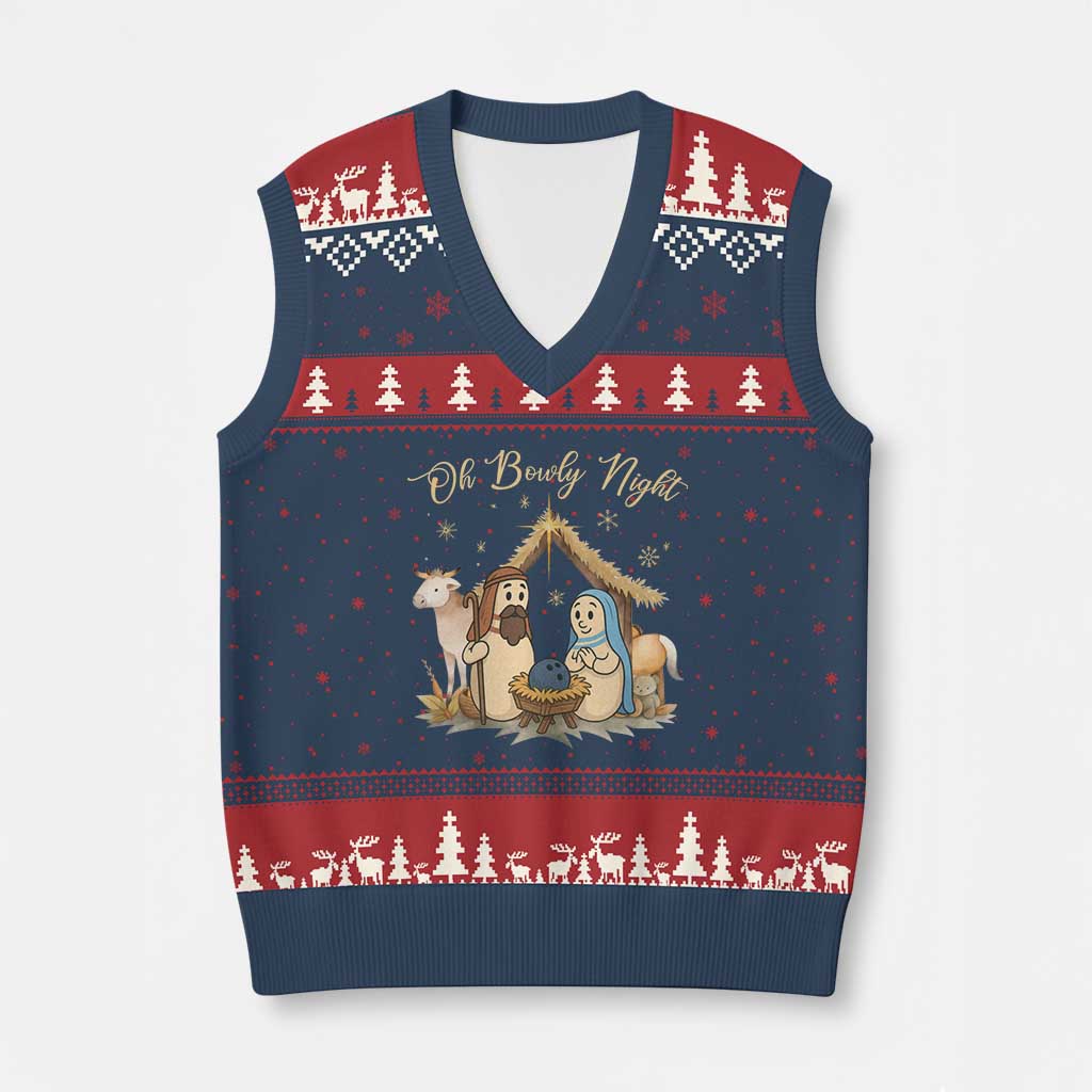 Funny Xmas Bowling V-Neck Knit Sweater Vest Oh Bowly Night Nativity Scene Bowling Pins - Wonder Print Shop