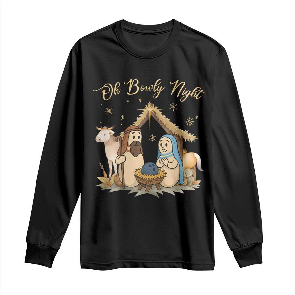 Funny Christmas Bowling Long Sleeve Shirt Oh Bowly Night Nativity Scene Bowling Pins - Wonder Print Shop