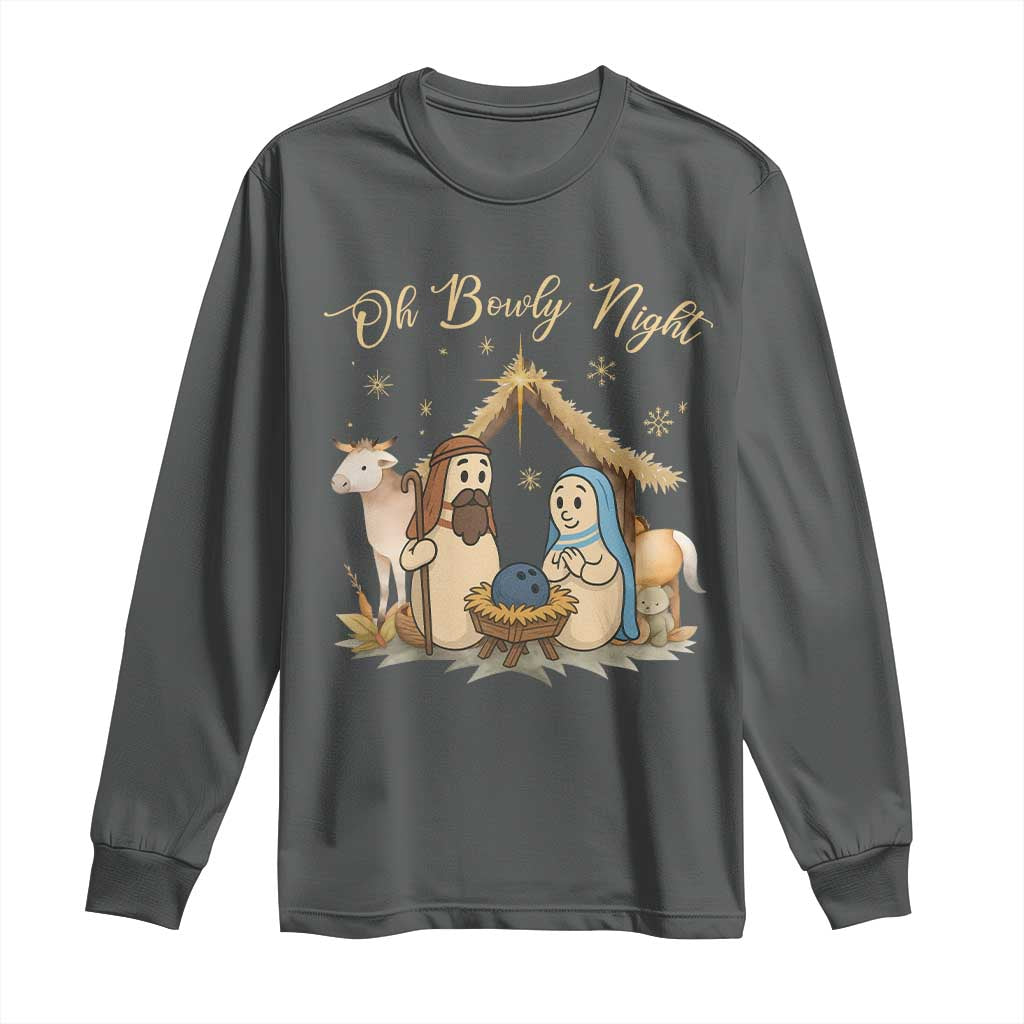Funny Christmas Bowling Long Sleeve Shirt Oh Bowly Night Nativity Scene Bowling Pins - Wonder Print Shop