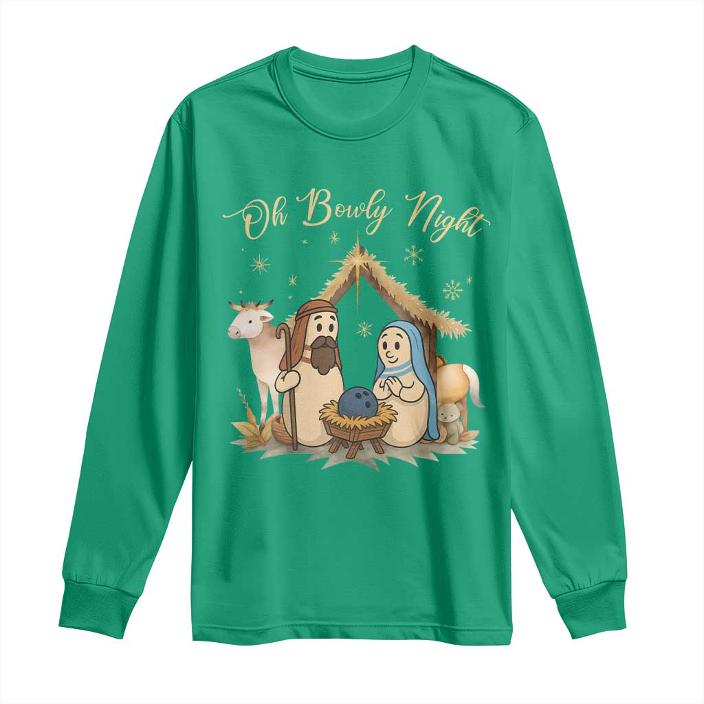 Funny Christmas Bowling Long Sleeve Shirt Oh Bowly Night Nativity Scene Bowling Pins - Wonder Print Shop