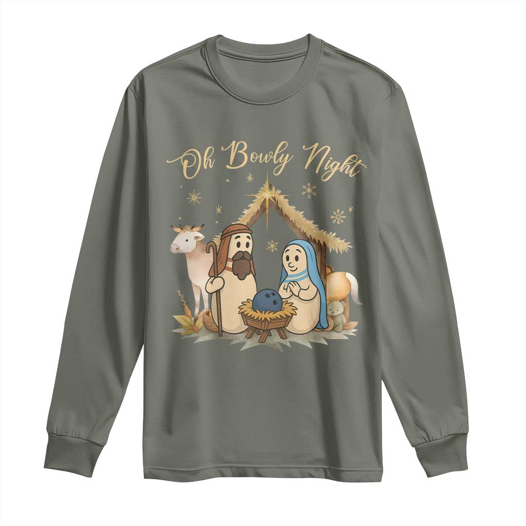 Funny Christmas Bowling Long Sleeve Shirt Oh Bowly Night Nativity Scene Bowling Pins - Wonder Print Shop