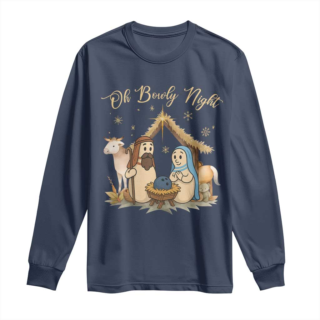 Funny Christmas Bowling Long Sleeve Shirt Oh Bowly Night Nativity Scene Bowling Pins - Wonder Print Shop