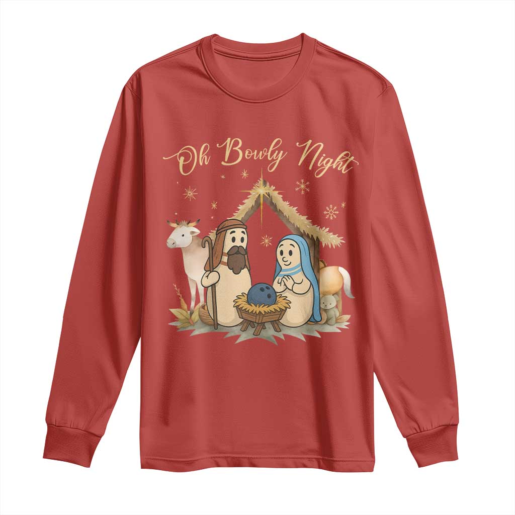 Funny Christmas Bowling Long Sleeve Shirt Oh Bowly Night Nativity Scene Bowling Pins - Wonder Print Shop
