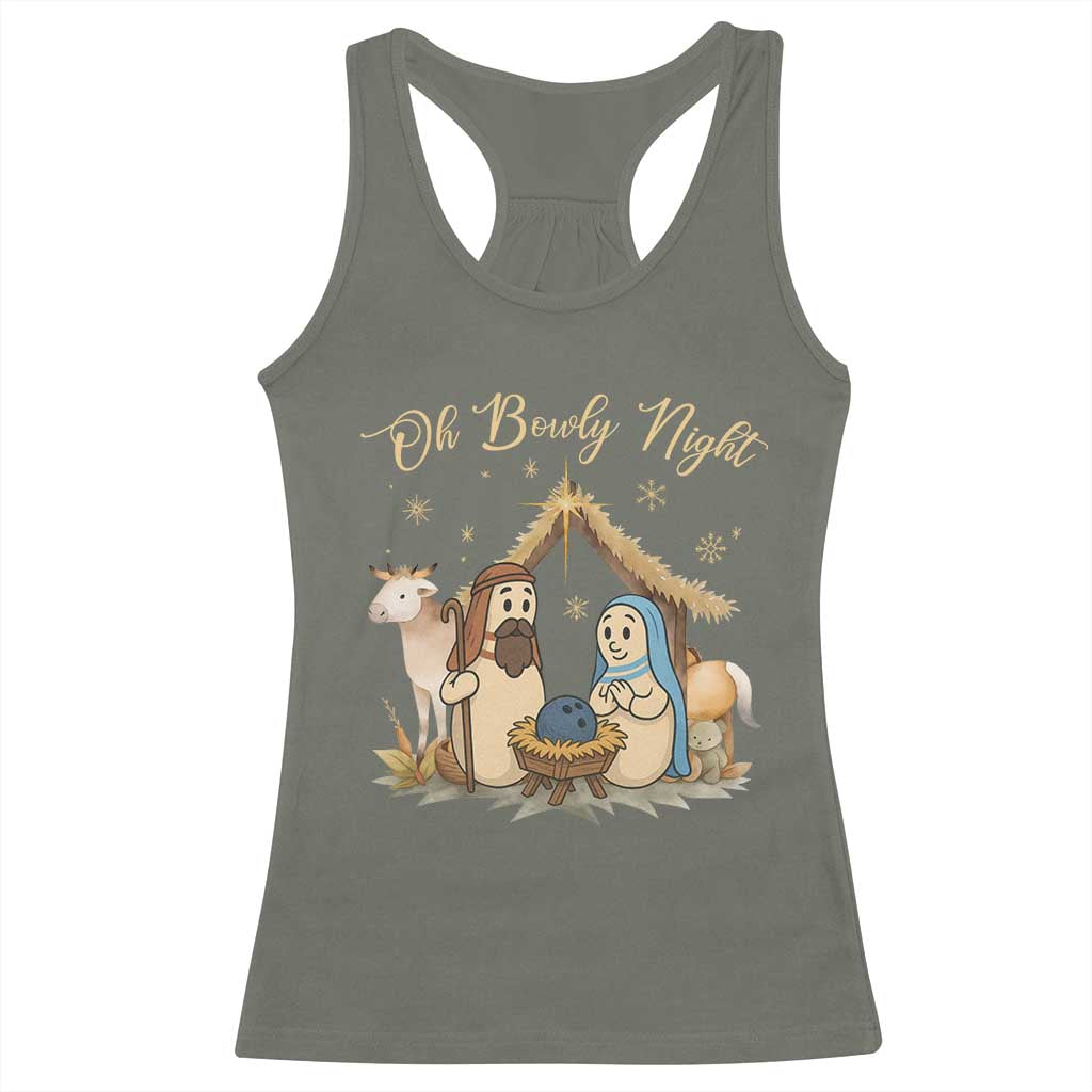 Funny Christmas Bowling Racerback Tank Top Oh Bowly Night Nativity Scene Bowling Pins - Wonder Print Shop
