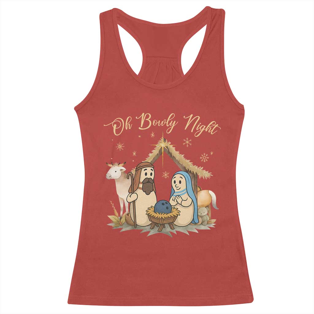 Funny Christmas Bowling Racerback Tank Top Oh Bowly Night Nativity Scene Bowling Pins - Wonder Print Shop