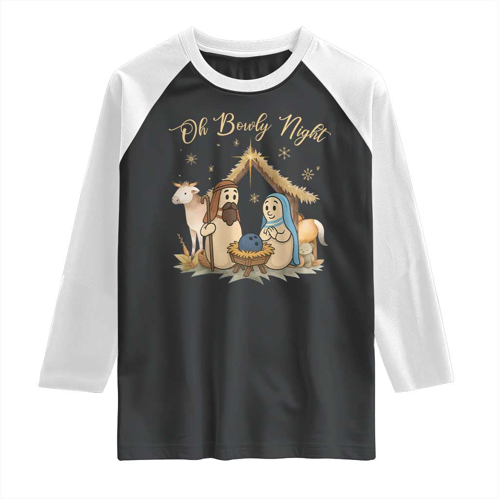Funny Christmas Bowling Raglan Shirt Oh Bowly Night Nativity Scene Bowling Pins - Wonder Print Shop