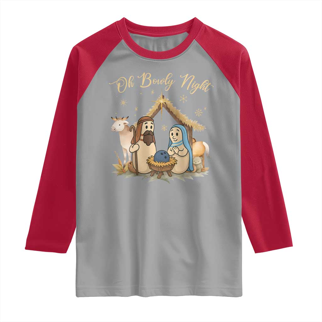 Funny Christmas Bowling Raglan Shirt Oh Bowly Night Nativity Scene Bowling Pins - Wonder Print Shop