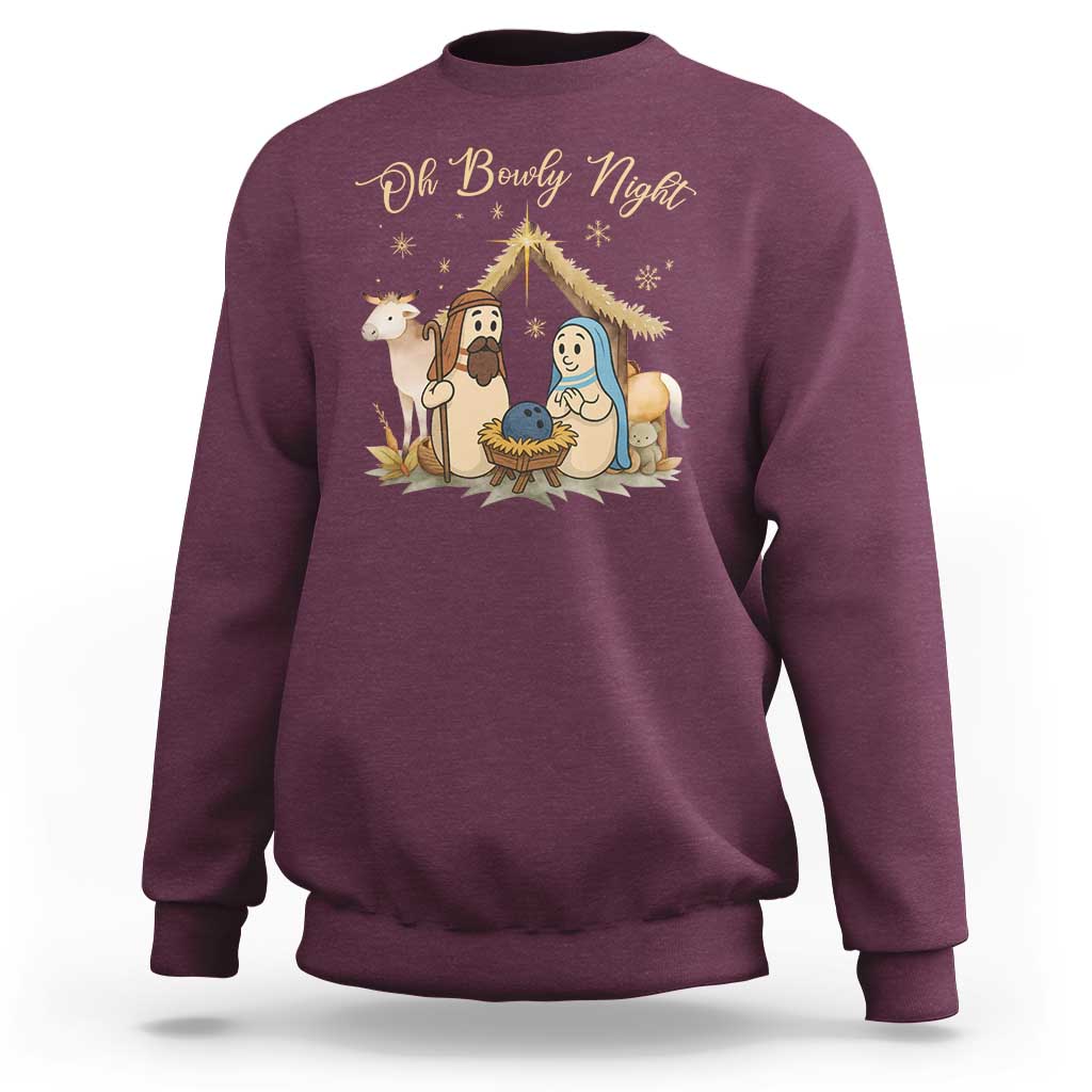 Funny Christmas Bowling Sweatshirt Oh Bowly Night Nativity Scene Bowling Pins - Wonder Print Shop