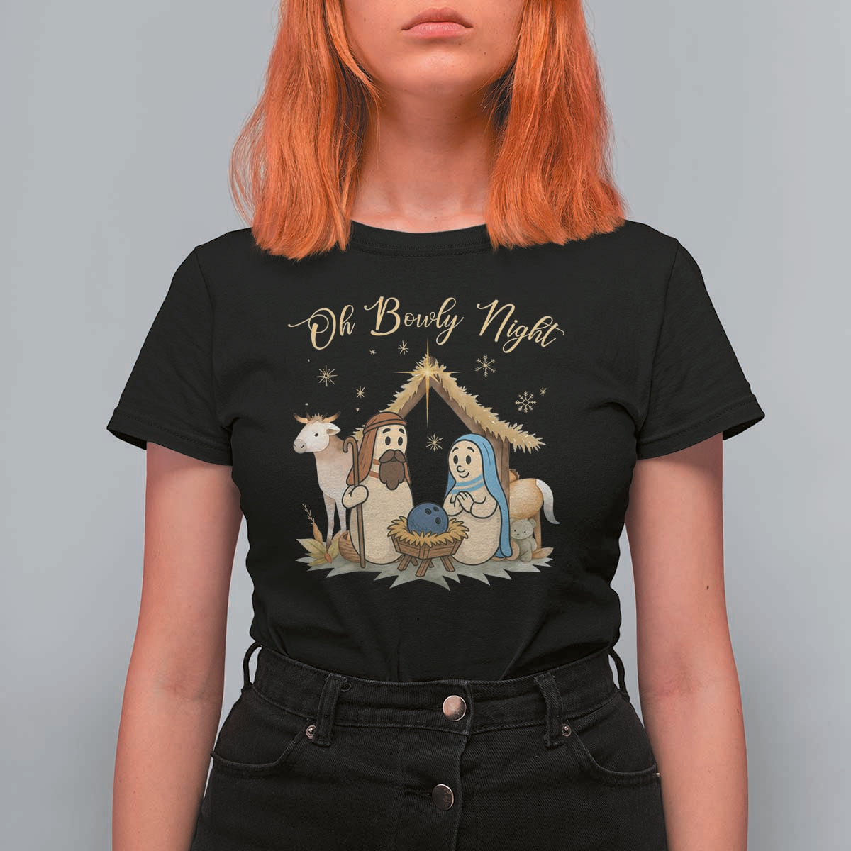 Funny Christmas Bowling T Shirt For Women Oh Bowly Night Nativity Scene Bowling Pins - Wonder Print Shop