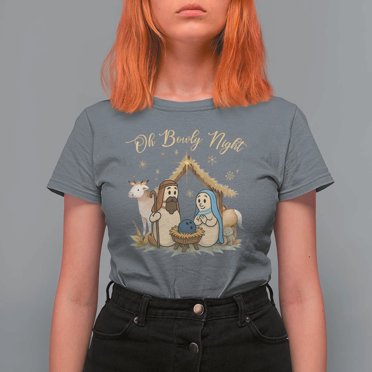 Funny Christmas Bowling T Shirt For Women Oh Bowly Night Nativity Scene Bowling Pins - Wonder Print Shop