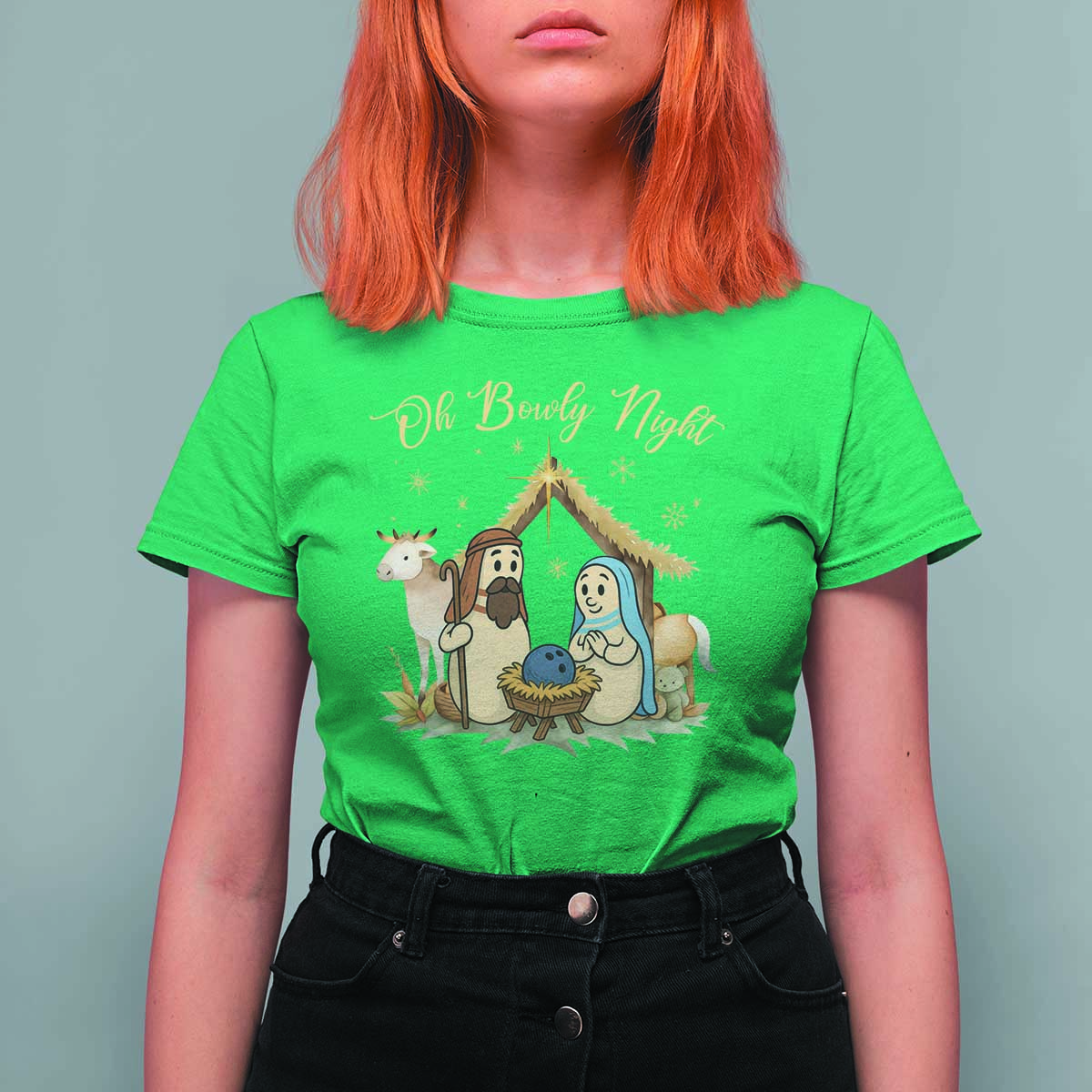 Funny Christmas Bowling T Shirt For Women Oh Bowly Night Nativity Scene Bowling Pins - Wonder Print Shop