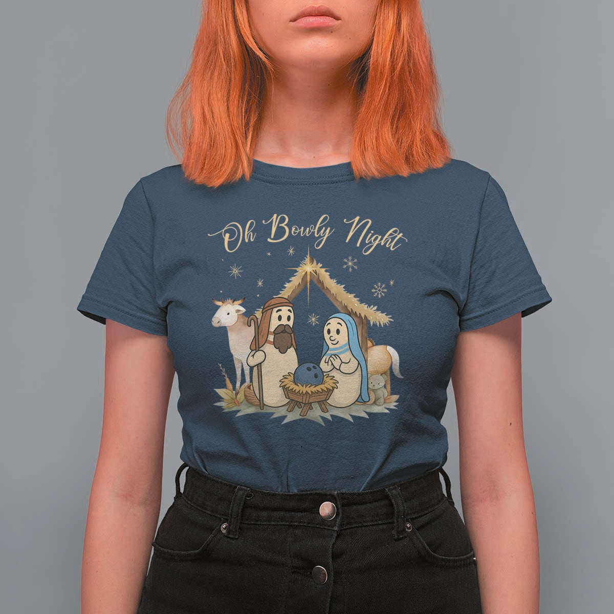 Funny Christmas Bowling T Shirt For Women Oh Bowly Night Nativity Scene Bowling Pins - Wonder Print Shop