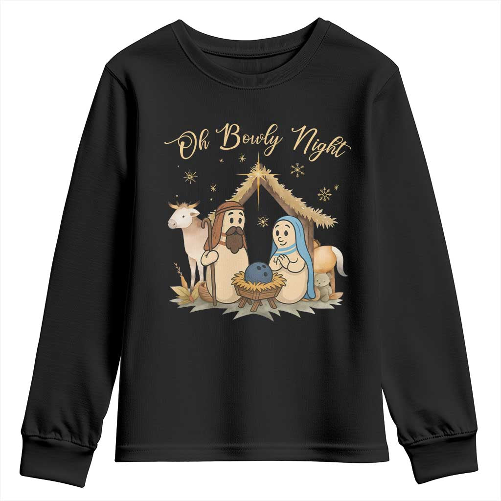 Funny Christmas Bowling Youth Sweatshirt Oh Bowly Night Nativity Scene Bowling Pins - Wonder Print Shop