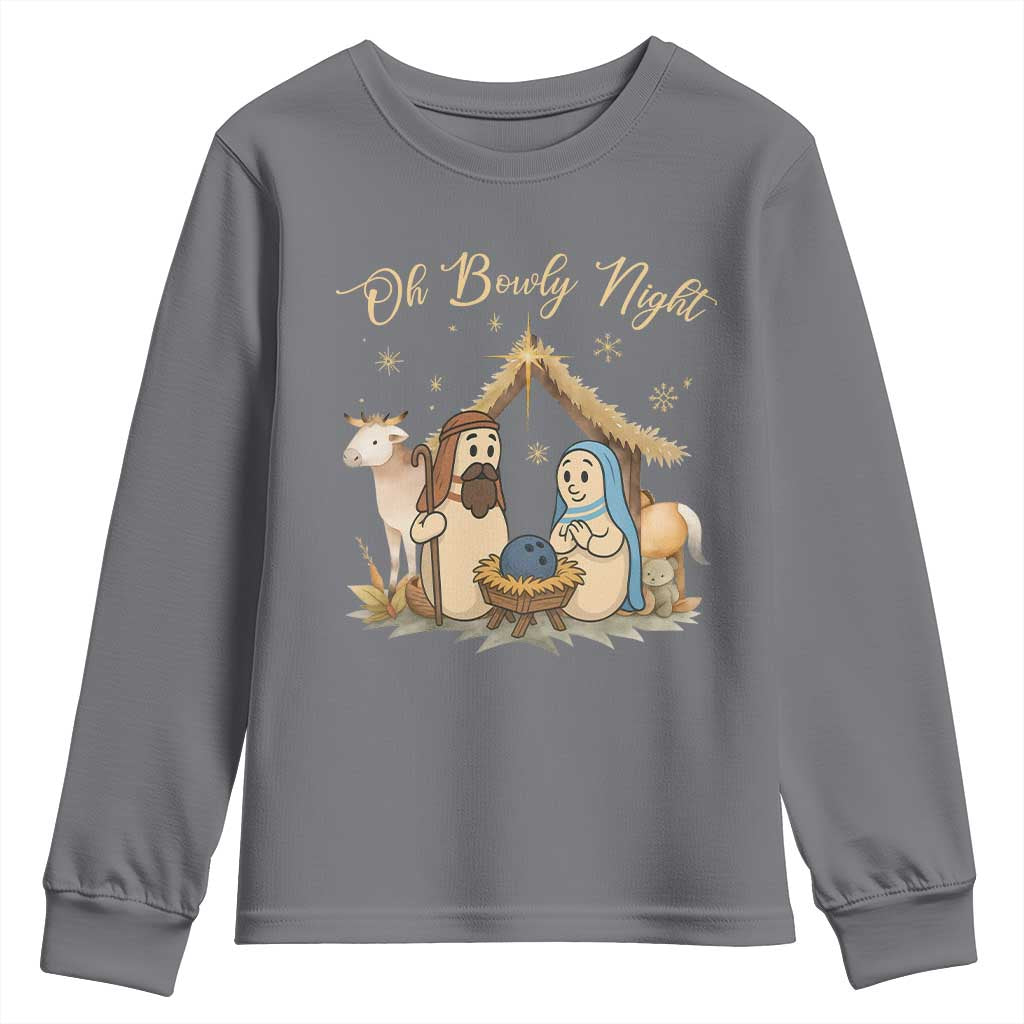 Funny Christmas Bowling Youth Sweatshirt Oh Bowly Night Nativity Scene Bowling Pins - Wonder Print Shop