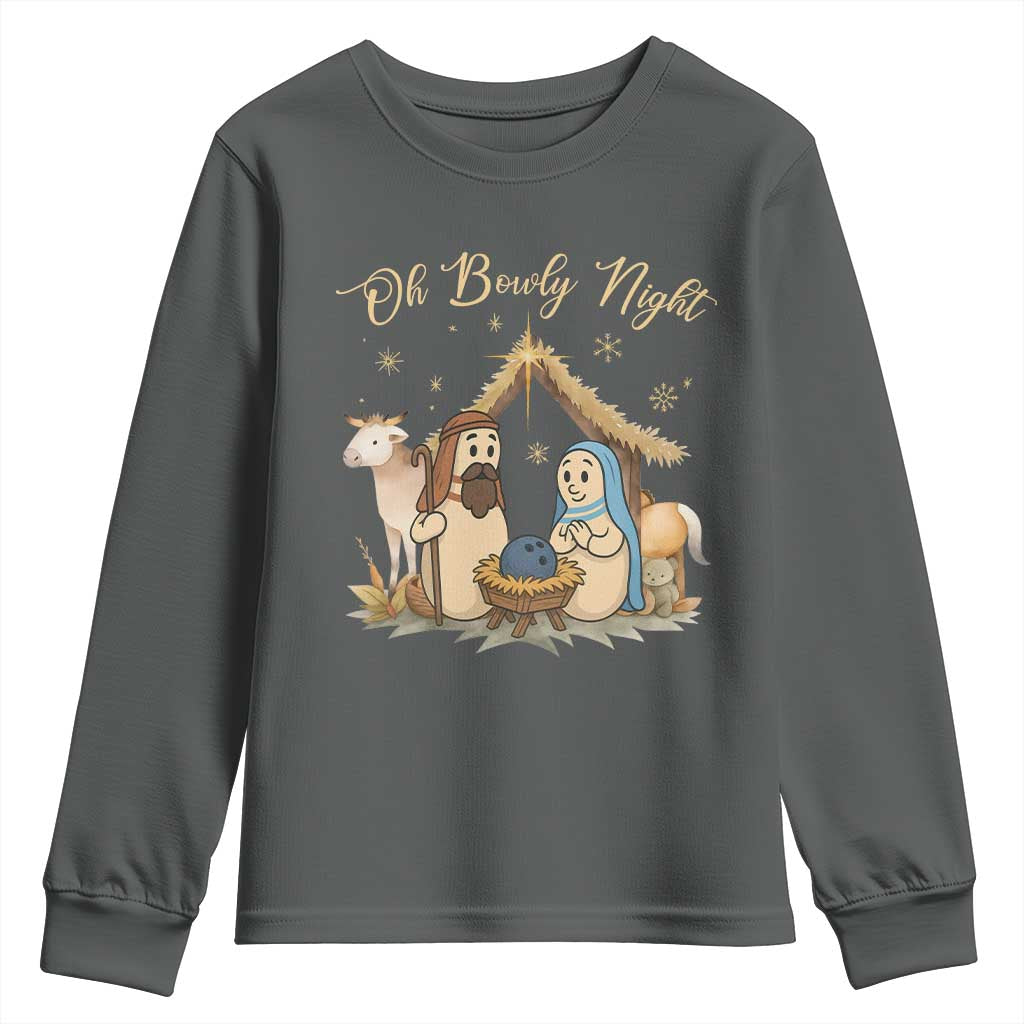 Funny Christmas Bowling Youth Sweatshirt Oh Bowly Night Nativity Scene Bowling Pins - Wonder Print Shop