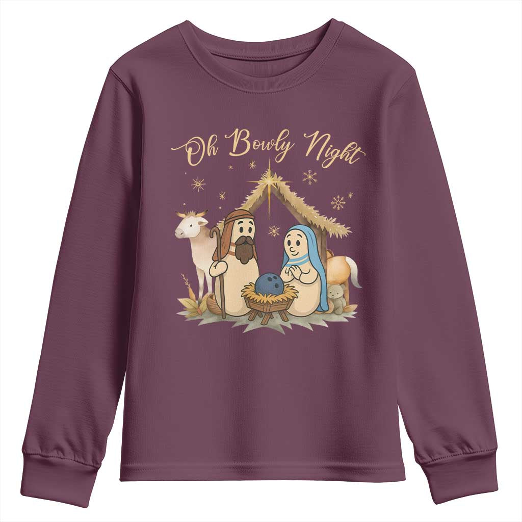 Funny Christmas Bowling Youth Sweatshirt Oh Bowly Night Nativity Scene Bowling Pins - Wonder Print Shop