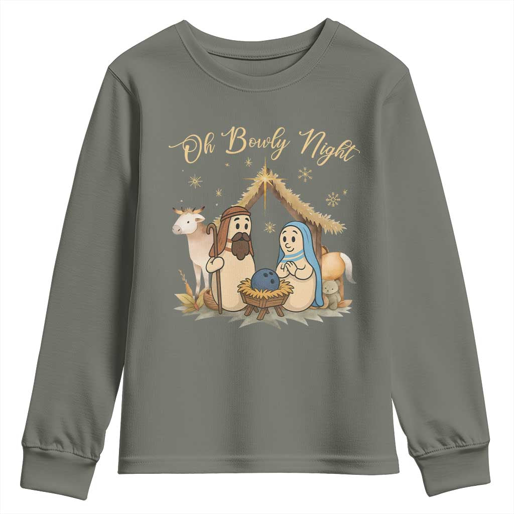 Funny Christmas Bowling Youth Sweatshirt Oh Bowly Night Nativity Scene Bowling Pins - Wonder Print Shop