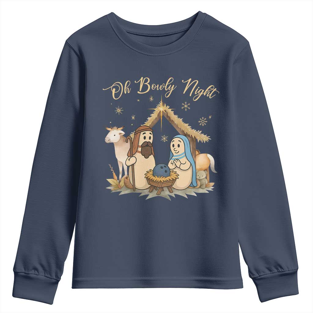 Funny Christmas Bowling Youth Sweatshirt Oh Bowly Night Nativity Scene Bowling Pins - Wonder Print Shop