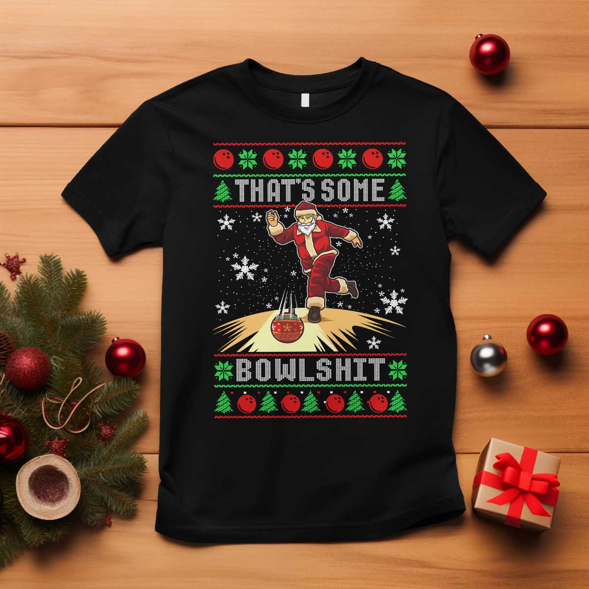 Funny Christmas Bowling T Shirt Thats Some Bowlshit Xmas Bowler Santa - Wonder Print Shop