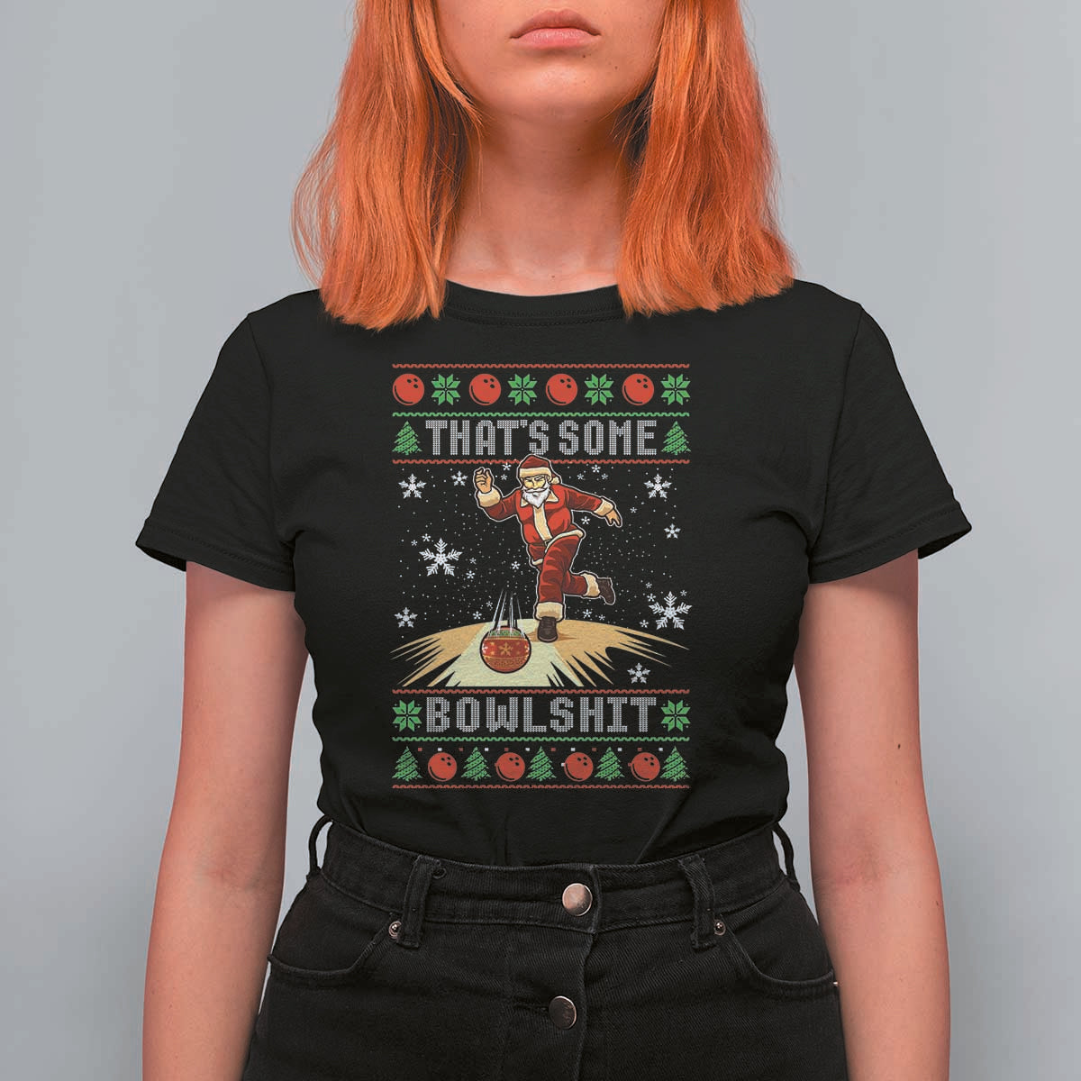 Funny Christmas Bowling T Shirt For Women Thats Some Bowlshit Xmas Bowler Santa - Wonder Print Shop