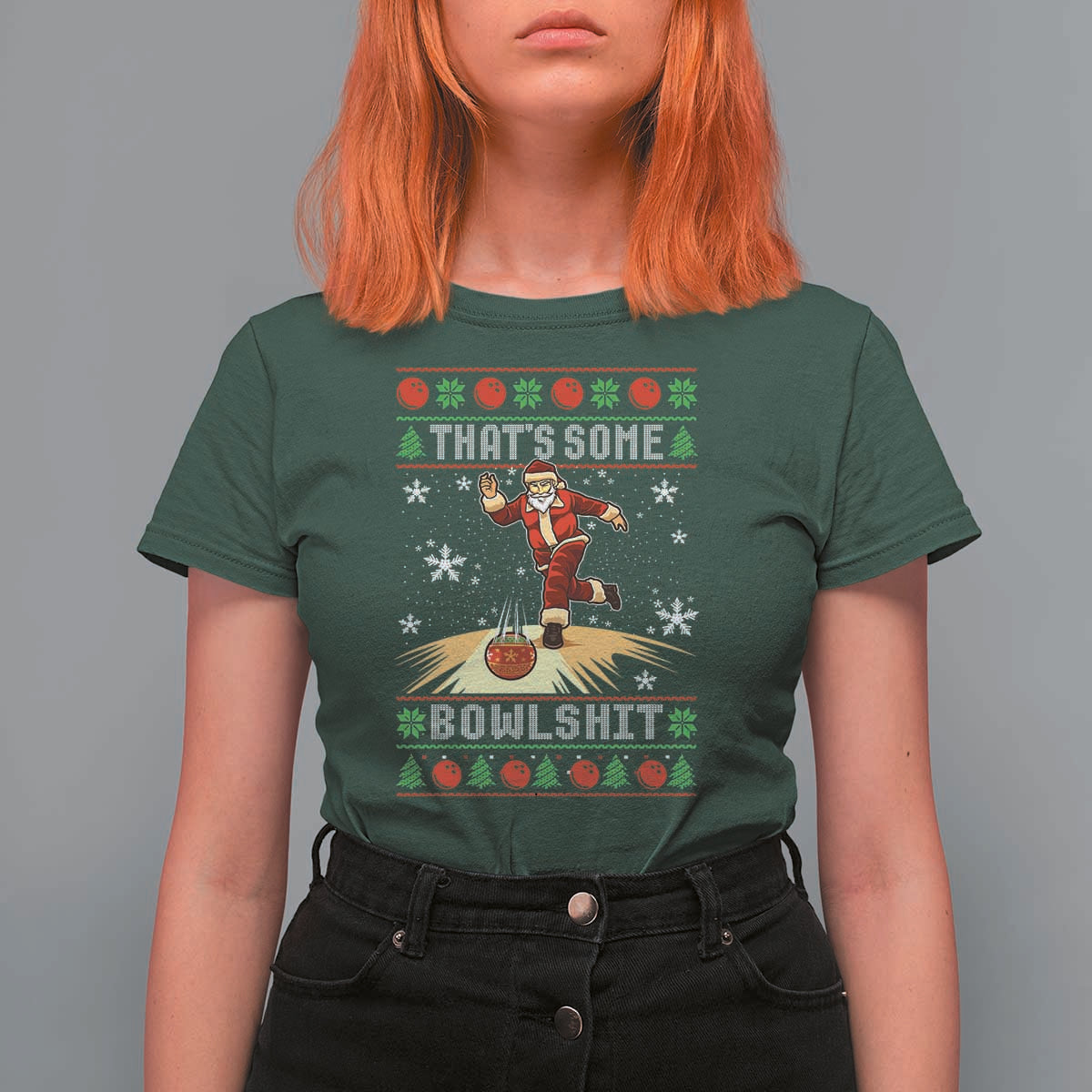 Funny Christmas Bowling T Shirt For Women Thats Some Bowlshit Xmas Bowler Santa - Wonder Print Shop