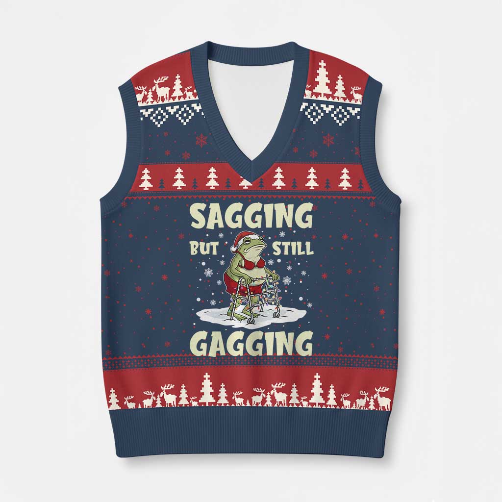 Funny Sagging But Still Gagging Xmas Frog V-Neck Knit Sweater Vest Funny Cringe Meme Gag Humor - Wonder Print Shop